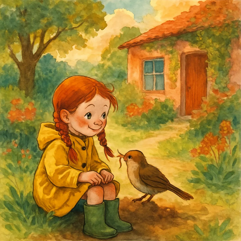 Een vogeltje stapt op de knie van een meisje dat stil blijft zitten