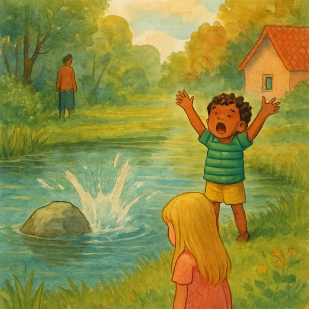 Een jongen roept bij een vijver terwijl het water opspat